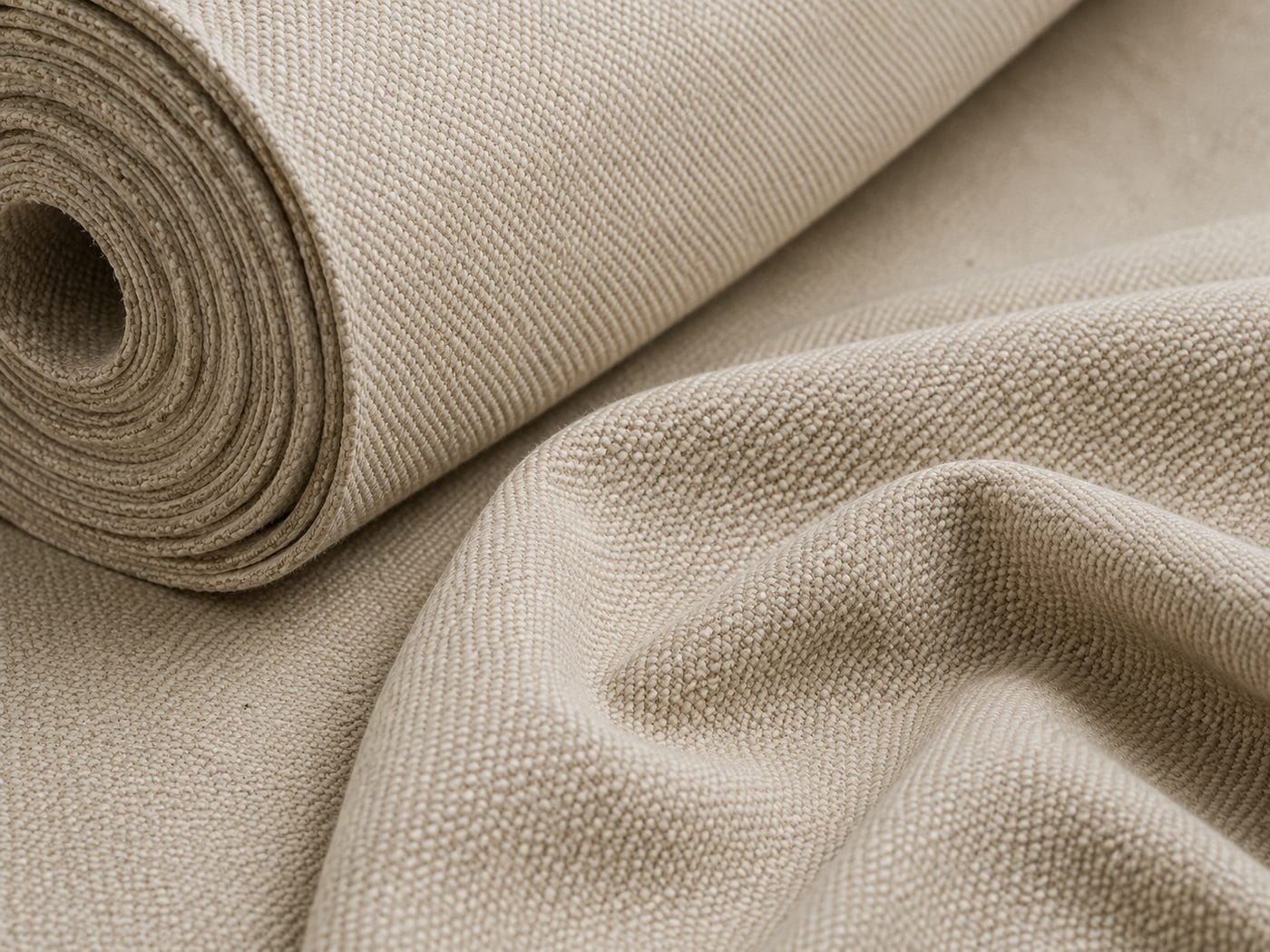 A bolt of natural cotton duck partly unrolled, with the firm plain weave visible in the draped cloth