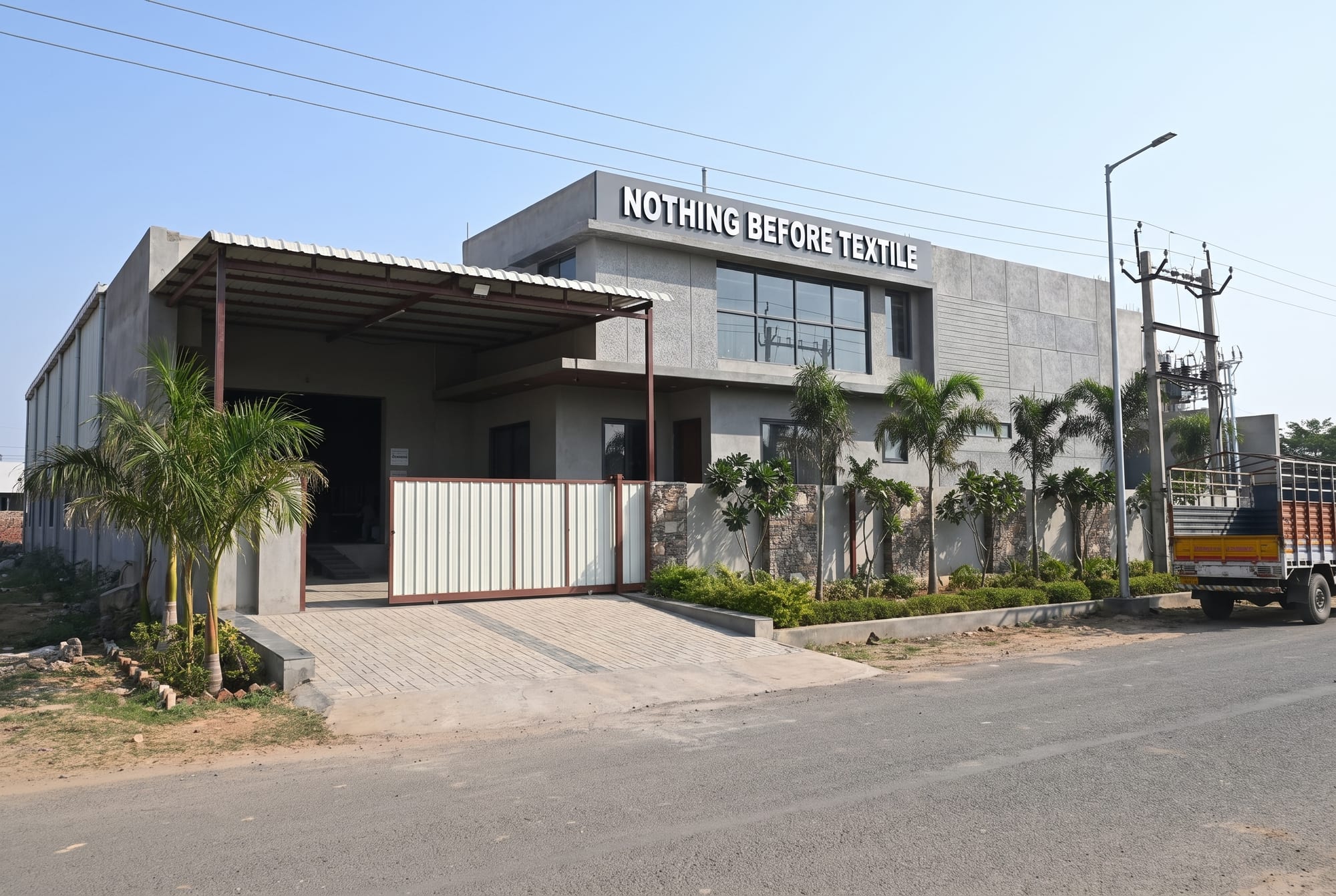 The Nothing Before Textile mill in Kishangarh, Rajasthan, with the signage on the front elevation